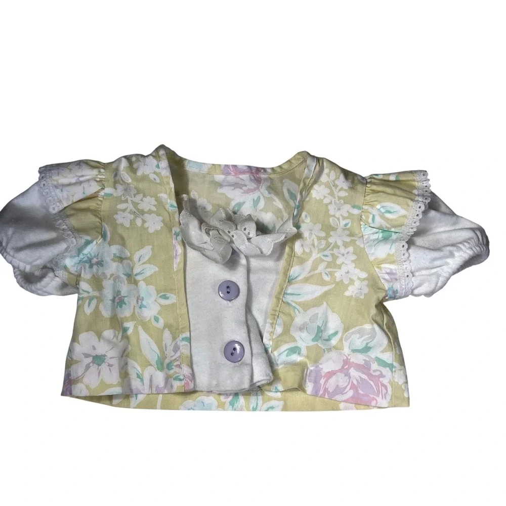 Vintage Evy Kids Floral 3 Piece Set Top Pants Skirt Pastel‎ Yellow Pink Lace 6-9